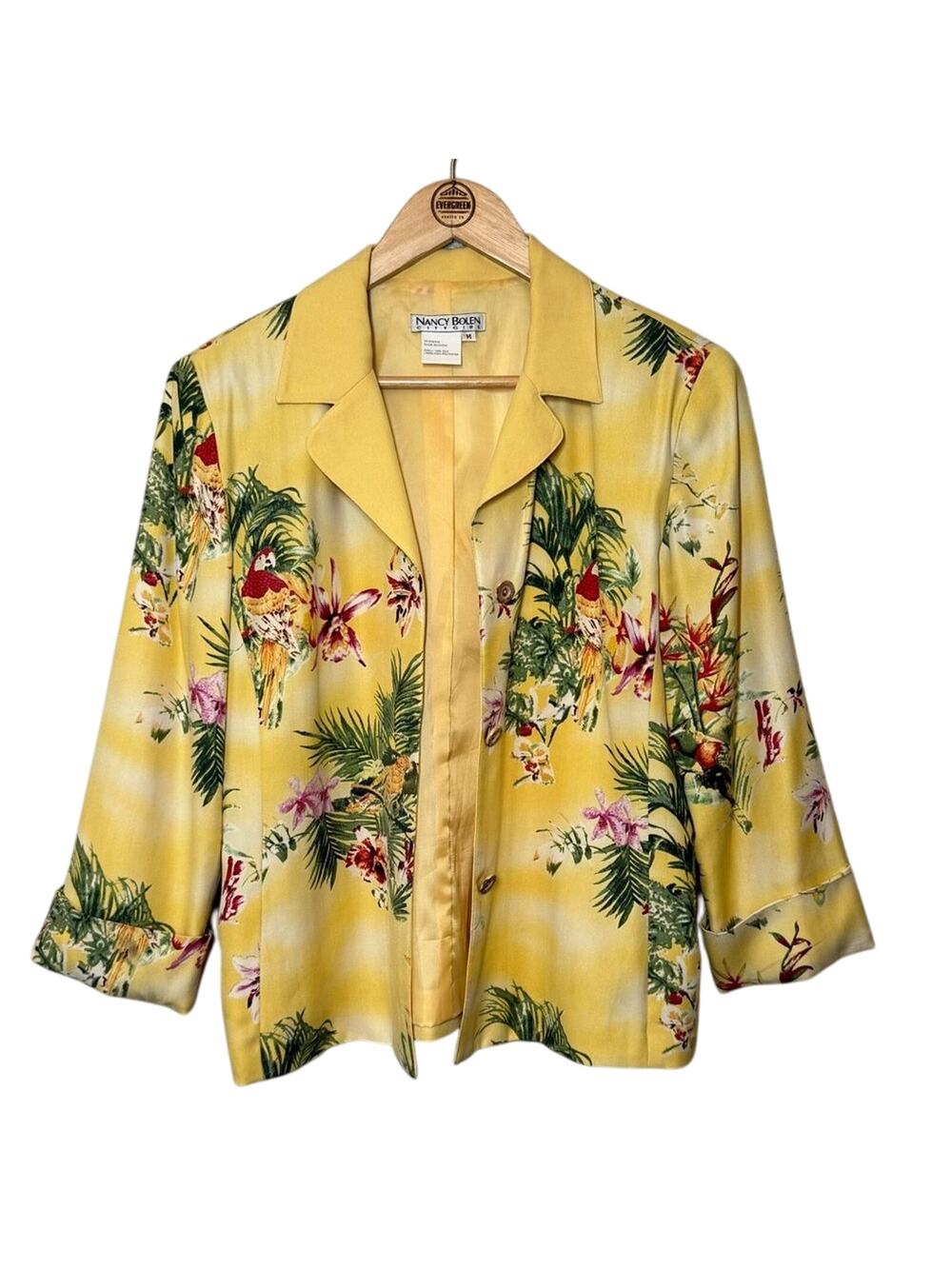 VTG Tropical Blazer 100% Silk Floral Parrot Hawaiian Nancy Bolen Yellow Medium